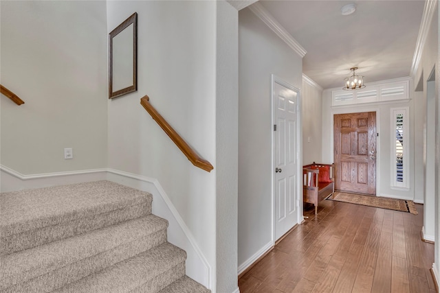 3537 Navarro Way, Frisco, TX 75034 - foyer with ornamental molding, wood-type flooring, a chandelier, and stairs