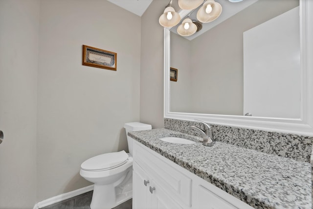 7329 Yolanda Dr, Fort Worth, TX 76112 - half bathroom with vanity, tile patterned flooring, and a chandelier