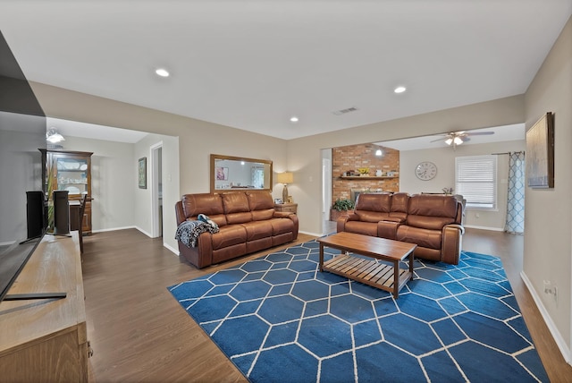 7329 Yolanda Dr, Fort Worth, TX 76112 - living room with wood finished floors, a fireplace, a ceiling fan, and recessed lighting