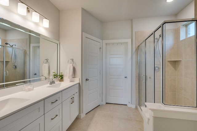 14613 Martin Creek Cv, Fort Worth, TX 76262 - bathroom with double vanity, a stall shower, and tile patterned flooring