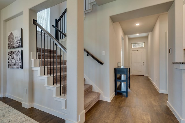 14613 Martin Creek Cv, Fort Worth, TX 76262 - entrance foyer with dark wood-style flooring, stairs, and recessed lighting