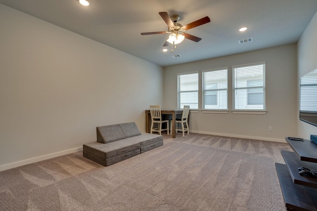 14613 Martin Creek Cv, Fort Worth, TX 76262 - living area featuring ceiling fan, carpet, and recessed lighting