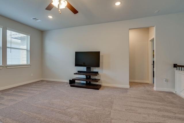 14613 Martin Creek Cv, Fort Worth, TX 76262 - unfurnished living room with ceiling fan, carpet floors, and recessed lighting