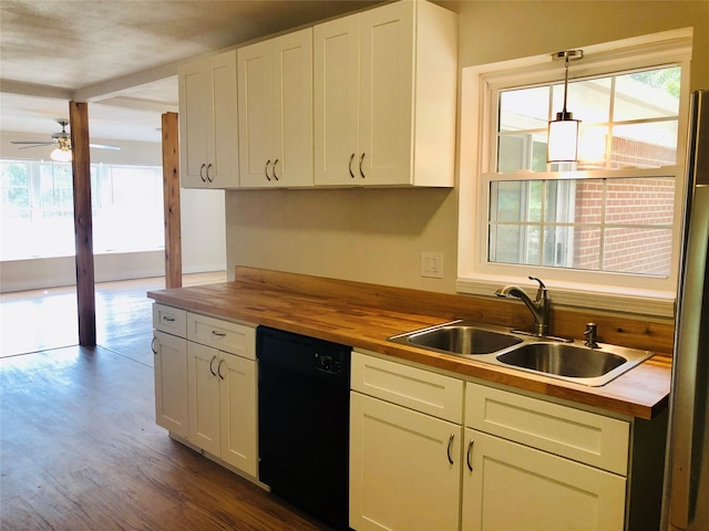 716 Kessler Blvd, Sherman, TX 75092 - kitchen featuring butcher block countertops, black dishwasher, ceiling fan, and white cabinetry