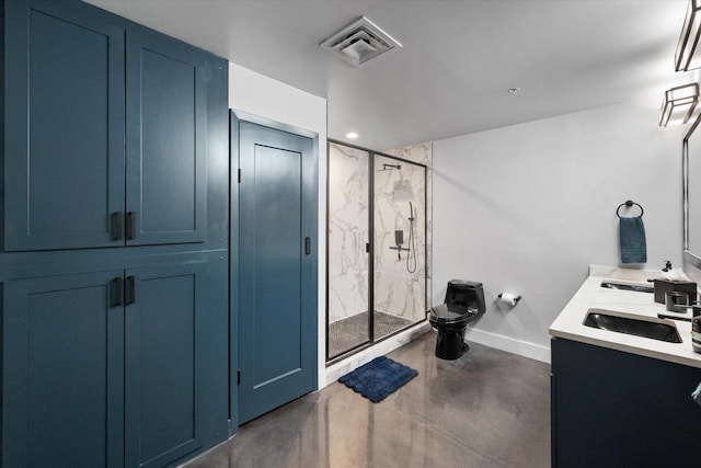 1122 Jackson St Unit 418, Dallas, TX 75202 - full bathroom with a marble finish shower, finished concrete flooring, double vanity, and recessed lighting