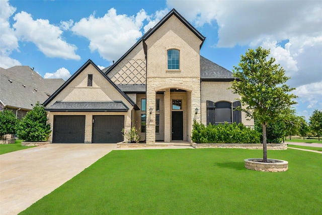 9714 Minister Ln, Frisco, TX 75035 - french country inspired facade featuring a front lawn, brick siding, concrete driveway, a garage, and a shingled roof