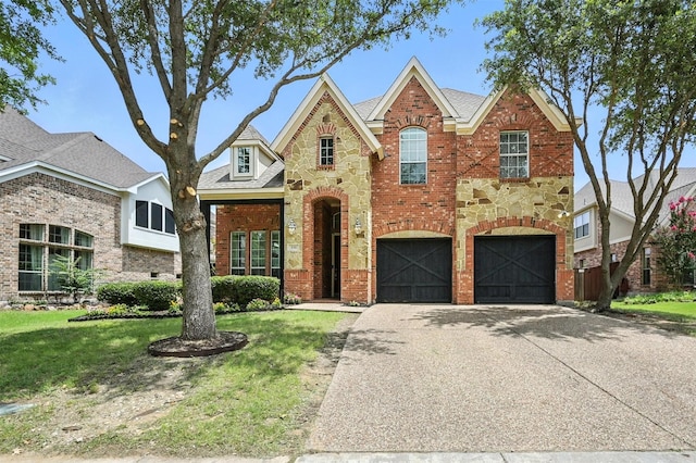 890 Wind Brook Ln, Prosper, TX 75078 - view of front of home with concrete driveway, brick siding, a garage, stone siding, and a front lawn