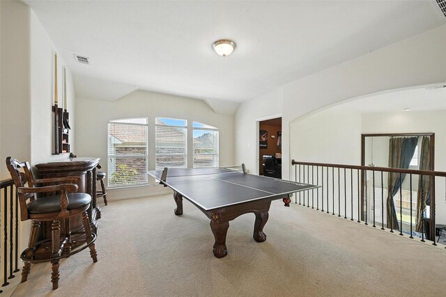 890 Wind Brook Ln, Prosper, TX 75078 - rec room featuring light colored carpet and vaulted ceiling