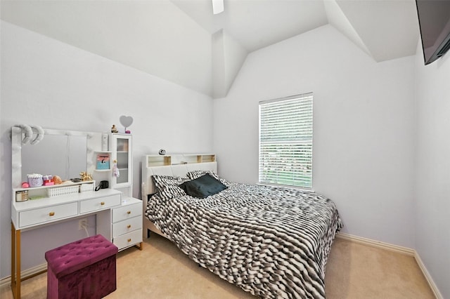 890 Wind Brook Ln, Prosper, TX 75078 - bedroom with light colored carpet, lofted ceiling, and ceiling fan