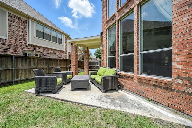 890 Wind Brook Ln, Prosper, TX 75078 - fenced backyard featuring an outdoor hangout area and a patio