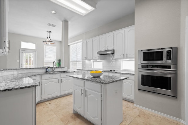 1413 Trinity Ct, Flower Mound, TX 75028 - kitchen featuring stainless steel appliances, white cabinetry, under cabinet range hood, and light stone counters