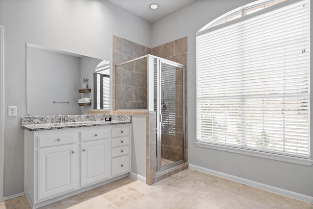1413 Trinity Ct, Flower Mound, TX 75028 - bathroom with vanity, a stall shower, and tile patterned floors