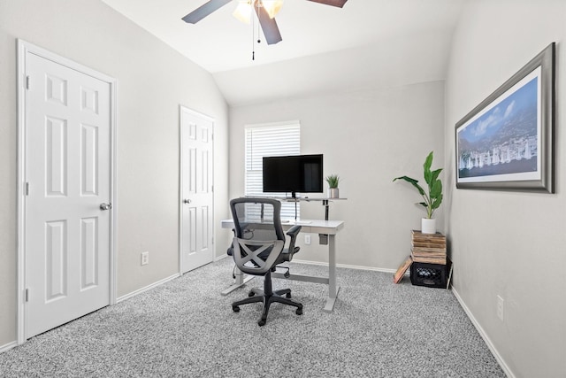 1413 Trinity Ct, Flower Mound, TX 75028 - carpeted home office featuring lofted ceiling and a ceiling fan