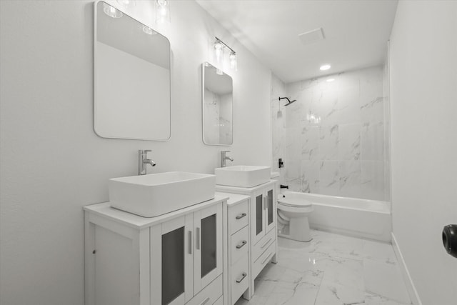 1843 Trent Dr, Arlington, TX 76010 - full bathroom featuring marble look tiles, double vanity, and shower / washtub combination