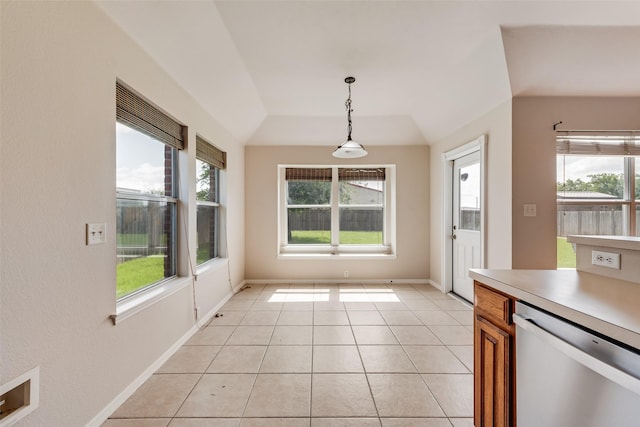1147 Serendipity Cir, Sanger, TX 76266 - unfurnished dining area with healthy amount of natural light, light tile patterned floors, and lofted ceiling