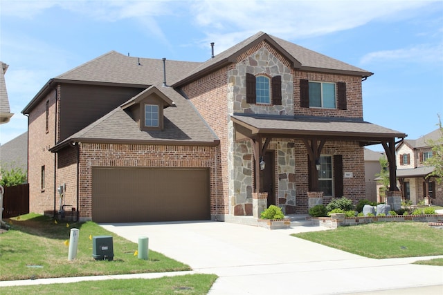 617 Saragosa Ct, Mckinney, TX 75071 - view of front of property with a porch, a front yard, brick siding, driveway, and a shingled roof