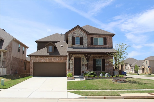 617 Saragosa Ct, Mckinney, TX 75071 - view of front of property featuring brick siding, driveway, a front lawn, a shingled roof, and stone siding