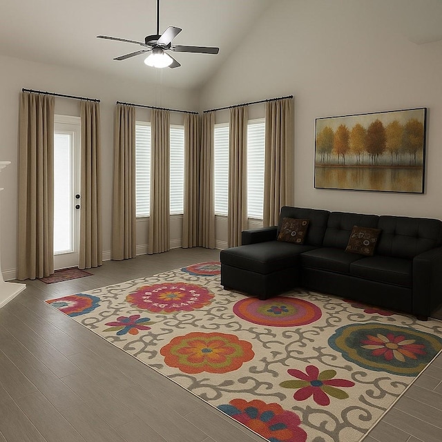 617 Saragosa Ct, Mckinney, TX 75071 - living room with ceiling fan, wood finished floors, and high vaulted ceiling