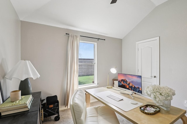 6932 Lomo Alto Dr, Fort Worth, TX 76132 - office featuring vaulted ceiling, carpet, and ceiling fan