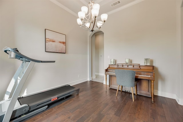 11088 Whispering Ln, Talty, TX 75126 - workout room with arched walkways, ornamental molding, a chandelier, and dark wood-style floors