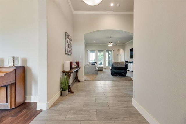 11088 Whispering Ln, Talty, TX 75126 - corridor with arched walkways, ornamental molding, and recessed lighting