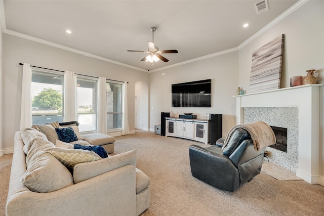 11088 Whispering Ln, Talty, TX 75126 - carpeted living area featuring ceiling fan, ornamental molding, recessed lighting, and a fireplace with flush hearth