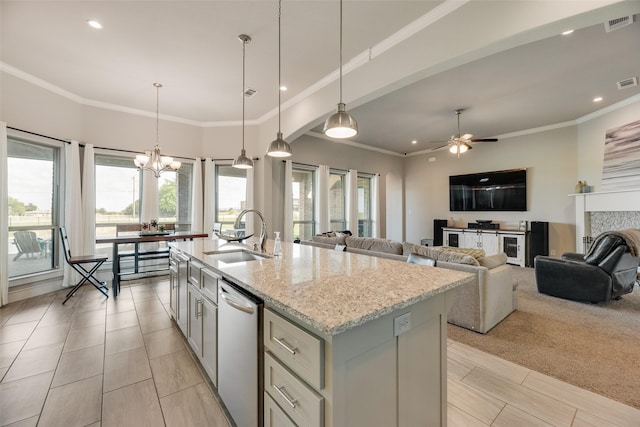 11088 Whispering Ln, Talty, TX 75126 - kitchen featuring dishwasher, an island with sink, light stone counters, recessed lighting, and ceiling fan