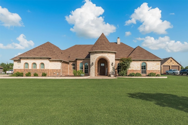 11088 Whispering Ln, Talty, TX 75126 - french provincial home featuring a front yard, roof with shingles, a chimney, brick siding, and stone siding