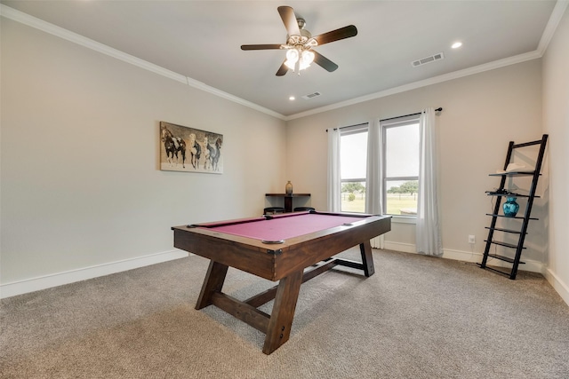 11088 Whispering Ln, Talty, TX 75126 - rec room featuring light carpet, ceiling fan, pool table, crown molding, and recessed lighting