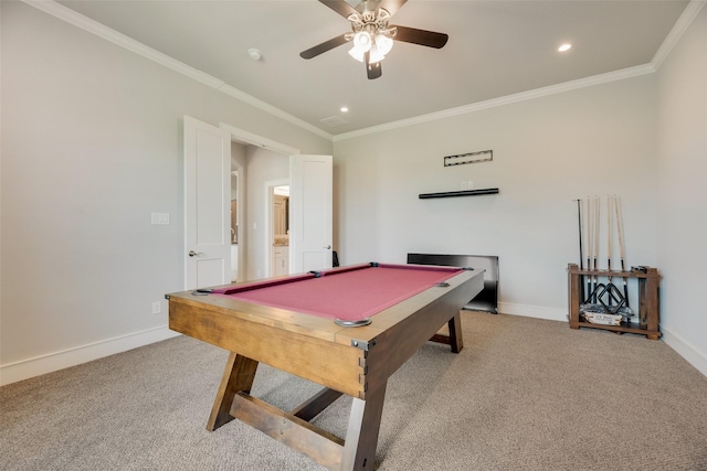 11088 Whispering Ln, Talty, TX 75126 - playroom with light colored carpet, billiards table, a ceiling fan, ornamental molding, and recessed lighting