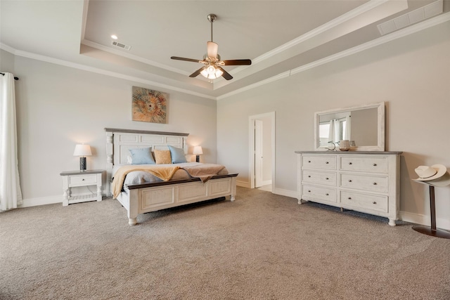 11088 Whispering Ln, Talty, TX 75126 - bedroom featuring a raised ceiling, crown molding, light colored carpet, and ceiling fan