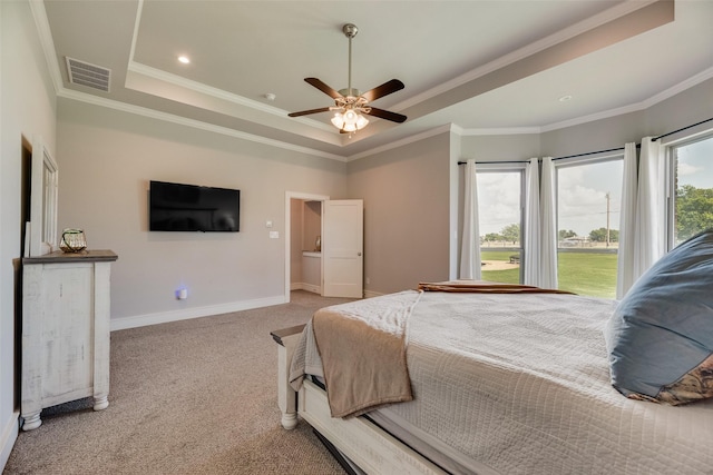 11088 Whispering Ln, Talty, TX 75126 - carpeted bedroom with a tray ceiling, ornamental molding, ceiling fan, and access to exterior