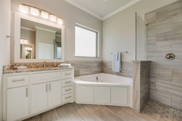 11088 Whispering Ln, Talty, TX 75126 - full bath with a garden tub, vanity, a walk in shower, and crown molding