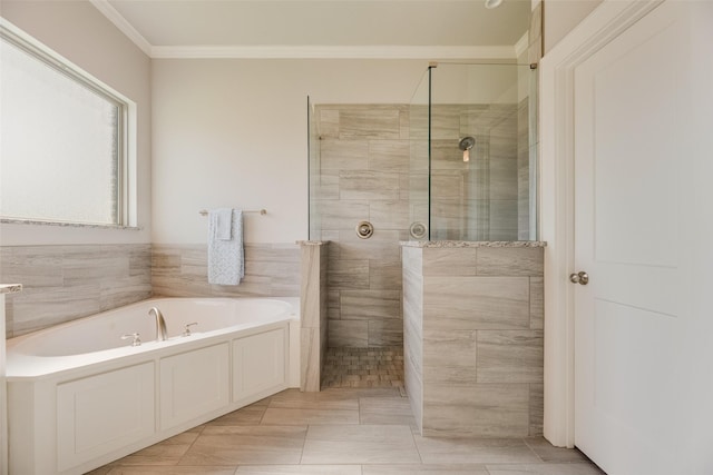 11088 Whispering Ln, Talty, TX 75126 - bathroom with a bath, a walk in shower, crown molding, and tile patterned flooring