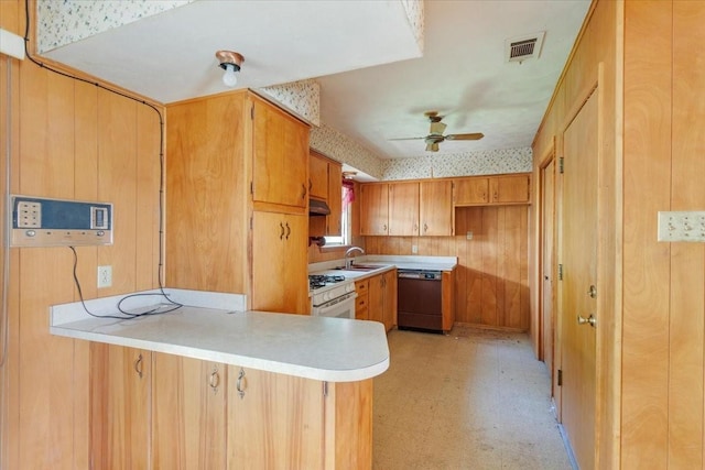 509 Lipscomb St, Bonham, TX 75418 - kitchen featuring dishwasher, a ceiling fan, a peninsula, light countertops, and under cabinet range hood