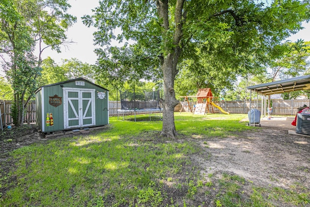3401 Medallion Cir, Waco, TX 76706 - fenced backyard featuring a trampoline, a shed, and a playground