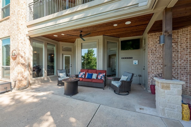 2 Pond View Ct, Mansfield, TX 76063 - patio / terrace with an outdoor living space with a fire pit, a patio area, and a ceiling fan