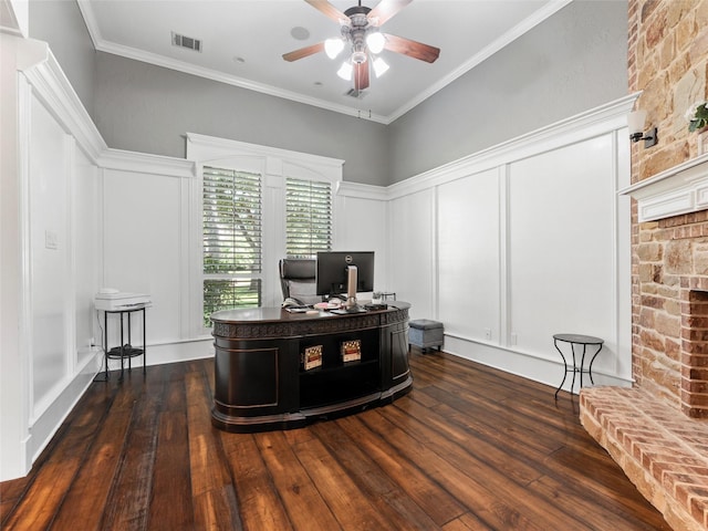 2 Pond View Ct, Mansfield, TX 76063 - office with a decorative wall, ceiling fan, dark wood-style floors, ornamental molding, and a fireplace