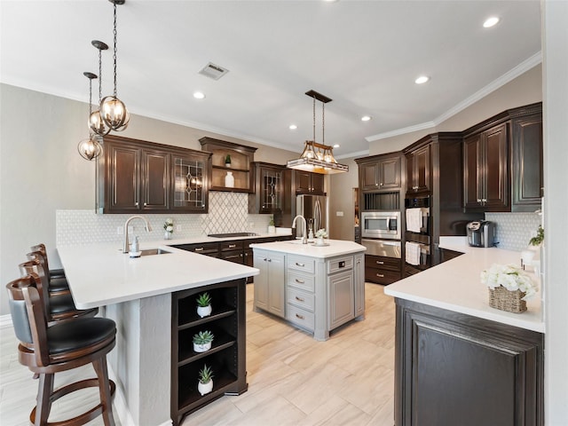 2 Pond View Ct, Mansfield, TX 76063 - kitchen with open shelves, stainless steel appliances, a peninsula, light countertops, and crown molding