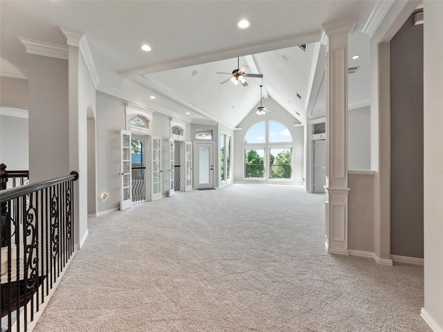 2 Pond View Ct, Mansfield, TX 76063 - hallway featuring plenty of natural light, carpet, crown molding, recessed lighting, and ornate columns