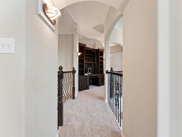 2 Pond View Ct, Mansfield, TX 76063 - hallway featuring arched walkways, ornamental molding, and light carpet