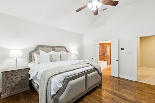 2778 Hidden Knoll Trl, Frisco, TX 75034 - bedroom featuring wood finished floors, high vaulted ceiling, connected bathroom, and a ceiling fan