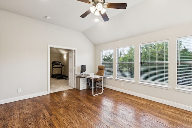 2778 Hidden Knoll Trl, Frisco, TX 75034 - office with wood finished floors, a ceiling fan, vaulted ceiling, and a wood stove