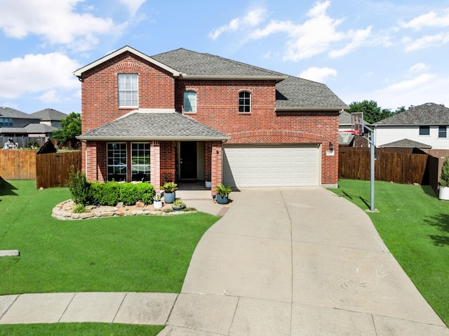 2115 Highland River Dr, Wylie, TX 75098 - traditional-style home with a shingled roof, concrete driveway, an attached garage, and brick siding