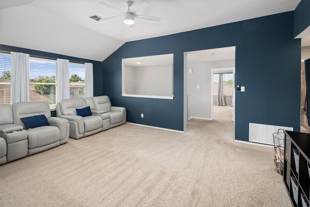 2115 Highland River Dr, Wylie, TX 75098 - living room featuring a ceiling fan, vaulted ceiling, and carpet