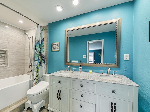 2032 Christie Ln, Carrollton, TX 75007 - bathroom featuring shower / bathtub combination with curtain, double vanity, a textured wall, and recessed lighting