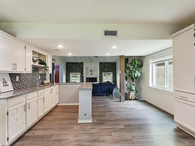 2032 Christie Ln, Carrollton, TX 75007 - kitchen with open shelves, a brick fireplace, stone counters, wood finished floors, and recessed lighting