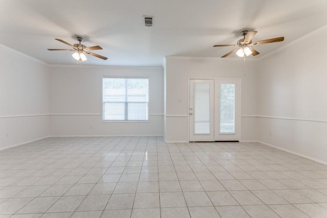 4908 Blue Top Dr, Fort Worth, TX 76179 - spare room featuring ornamental molding, ceiling fan, and light tile patterned floors