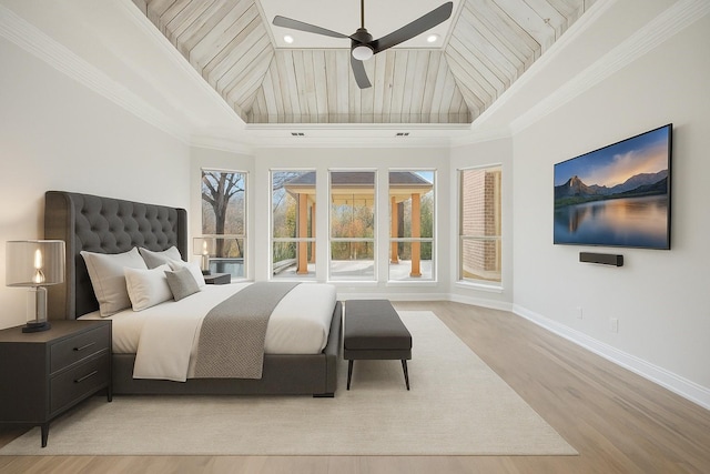 149 Silver Valley Ln, Fort Worth, TX 76108 - bedroom with light wood-style floors, high vaulted ceiling, wooden ceiling, a ceiling fan, and crown molding