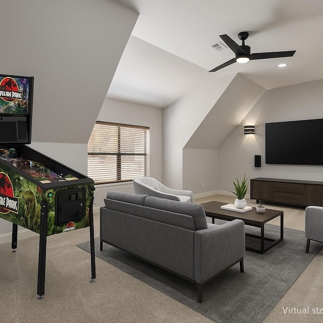 149 Silver Valley Ln, Fort Worth, TX 76108 - living area featuring carpet floors, ceiling fan, and lofted ceiling
